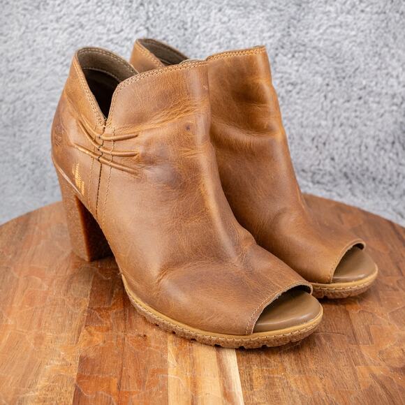 Timberland ‘Glancy’ Ruched Peep Toe Side Zip Booties Antiqued Brown Sz 8 M - Picture 1 of 6